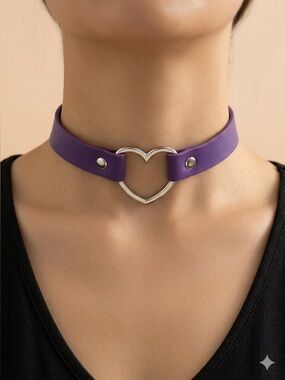 Purple PU Leather Heart Choker Necklace | Punk Gothic E-Girl Open Heart Pendant